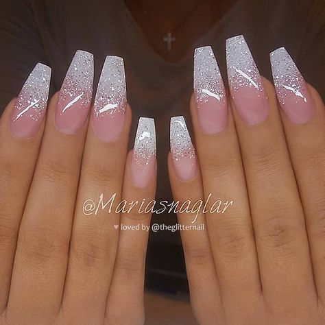 ✨🌸✨ White Glitter Ombre on long Coffin Nails 👌 • 💅 Nail Artis Nails Sparkle, Nagellack Trends, Pink Ombre Nails, Ombre Nails Glitter, Ombre Acrylic Nails, Nails Now, Coffin Nails Long, Sparkle Nails, Bride Nails