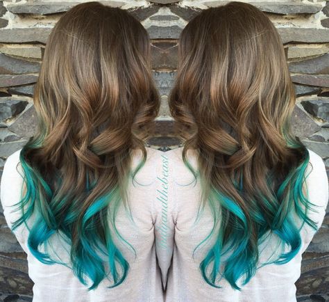 Teal Hair Underneath Brown, Brown Hair Teal Tips, Teal Hair Tips, Dark Teal Hair Ombre, Teal Underneath Hair, Teal Highlights In Brown Hair, Teal Hair Streaks, Teal Balayage, Light Medium Brown Hair