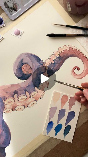 Irene Meniconi | Animal watercolor artist on Instagram: "New tentacle watercolor wip! 
(You can see some of my favorite watercolor tool in the last part of the video 😉)" Watercolor Octopus Tutorial, Irene Meniconi, Octopus Tentacles Art, Octopus Gif, Watercolor Octopus, Octopus Watercolor, Animal Watercolor, Watercolor Animals, Artist On Instagram