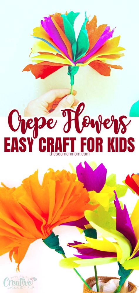 Crepe Paper Flowers Easy, Flowers Easy Craft, Flowers From Crepe Paper, Paper Flowers Easy, Paper Flowers For Kids, Easy Craft For Kids, Nature Camp, Crepe Paper Crafts, Crepe Paper Flowers Diy