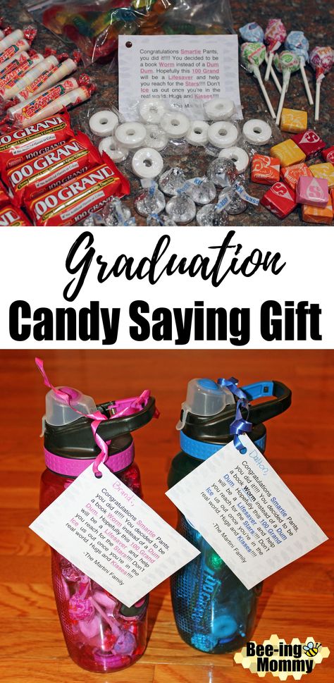 Graduation candy saying water bottle cheap and easy gift idea or graduation party favor Graduation Bags Ideas, Senior Candy Gifts, Grad Party Favors Ideas Gift Bags, Graduation Candy Gift Ideas, Graduation Candy Sayings, Cheap Graduation Gifts For High School, Grade 5 Graduation Ideas, Graduation Cash Gift Ideas, Graduation Gift Bag Ideas