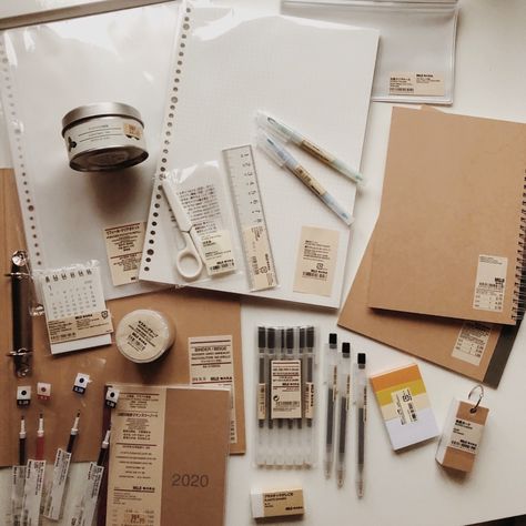 Messy Study Table, College Stationary, Muji Stationary, Muji Stationery, Studying Stationary, College Notebook, Trying To Survive, Study Desk Decor, Desk Stationery