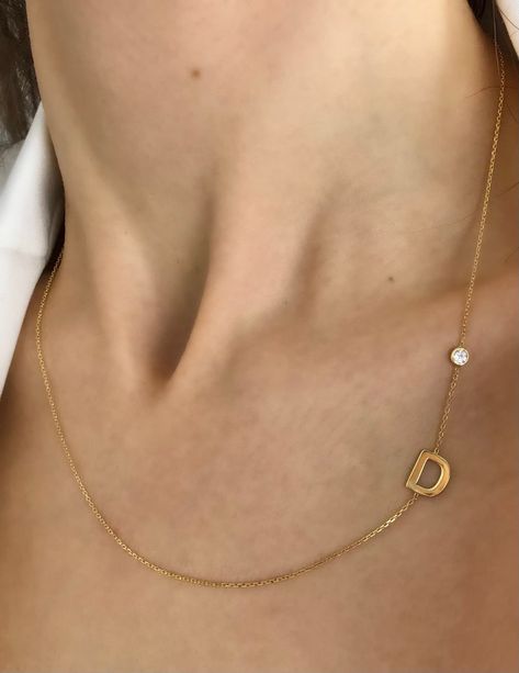 Sideway Letter Necklace with Stone Charm Initial Dainty Gold | Etsy Happy Birthday Clothes, Necklace For Short Neck, Necklace With Letter Initial, Letter Gold Necklace, H Letter Necklace, Letter Lockets Gold Designs, Gold Letter Necklace Initials, Initial Chain Letter Necklace, D Necklace Initial