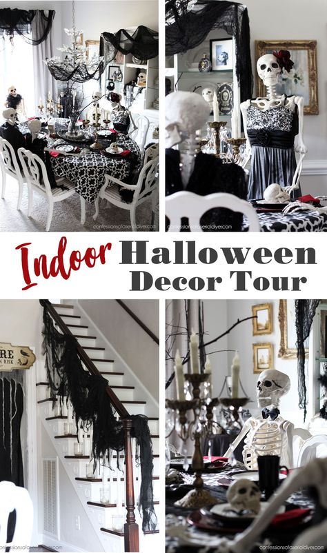 Indoor Halloween Decor: a Skeleton Dinner Party! Indoor Halloween Decor, Halloween Tour, Halloween Skeleton Decorations, Dinner Party Decorations, Skeleton Decorations, Chic Halloween, Fun Halloween Decor, Halloween Diy Crafts, A Skeleton