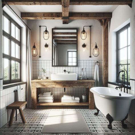 Picture crisp white walls paired with aged wooden beams for a rustic charm. The vanity is made from reclaimed wood and is topped by a sleek white porcelain sink. Above the sink, there is a large framed mirror flanked by industrial style sconces with exposed edison bulbs. The freestanding clawfoot bathtub stands near a window, letting in a torrent of natural light onto the vintage black and white tile floor. This refreshing and homely environment can serve as inspiration for a bathroom remodel. Bathroom Wood Beams, Beams In Bathroom, Wooden Beam, Bathroom Wood, Rustic Bathroom Decor, Rustic Traditional, Bathroom Ceiling, Rustic Retreat, Freestanding Tub