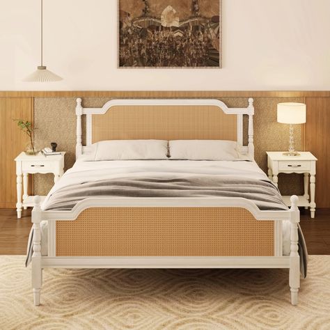 Soges Rattan King Size Bed Frame, Traditional Boho Cane Bed Platform Bed with Natural Rattan Headboard, Solid Wooden Slat Mattress Foundation, Noise Free, No Box Spring Needed, Antique White - Walmart.com Two Poster Bed, French Style Bedroom Vintage, Bed Frame No Box Spring, Rattan Bed Frame, White Rattan, King Size Platform Bed, Rattan Style, Rattan Bed, Wicker Headboard