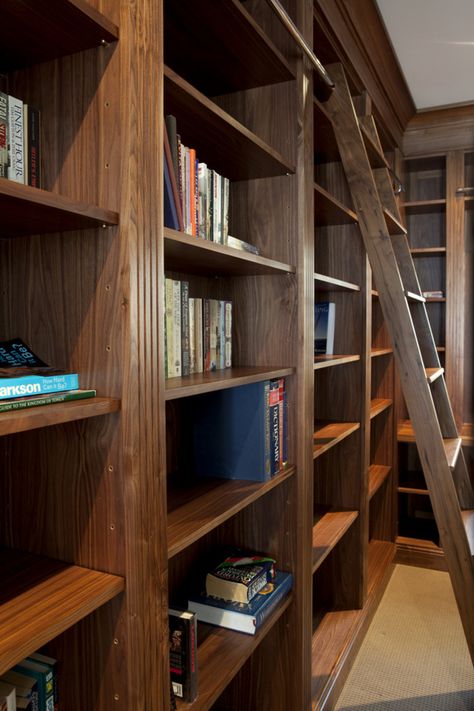 Walnut Built in Library by Nick Bailey - Library, American Walnut Walnut Bookshelves Built Ins, Dark Wood Library, Walnut Built In Bookshelves, Dark Wood Built In Bookshelves, Walnut Bookcase Built In, Library With Ladder, Built In Library, Oak Library Bookcases, Tall Dark Brown Book Shelf