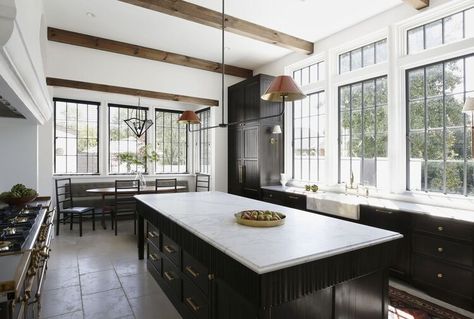 Chef Kitchen Home, Kitchen Gothic, Rachel Halvorson, Pond House, Gothic Windows, Rustic Room, Kitchen Black, Chef Kitchen, Marble Counter