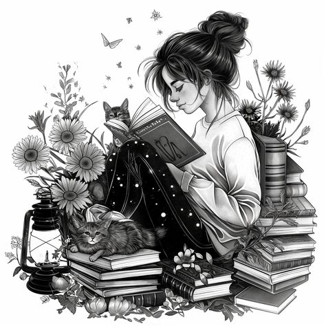 Black Cat With Books Tattoo, Girl Reading Book Tattoo, Girl With Books Drawing, Illustration Storytelling, Fairy Reading A Book Drawing, Book Clip Art Black And White, Journaling Photos, Woman Reading Book Line Art, Cartoon Items