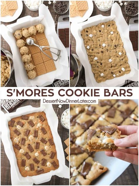 The Best Holiday Cookie and Candy Recipes | ⭐ RECIPE ➡ https://www.dessertnowdinnerlater.com/smores-cookie-bars/ | Facebook Easy S’mores Cookie Bars, Brownie Pan Desserts, Smores Cookie Bars, Block Party Desserts, Smore Cookies, Oh Henry Bars, Smores Recipes, Smores Cookies Bars, Pan Desserts