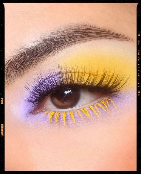 Best Bright Eyeshadow Looks : Lavender And Yellow Colorful Eye Makeup With Glasses, Yellow And Green Eye Makeup, Orange And Purple Makeup Looks, Purple Yellow Eyeshadow, Spring Inspired Makeup Looks, Yellow Eyeshadow Makeup, Yellow And Blue Eyeshadow Looks, Purple And Yellow Eyeshadow, Pink And Yellow Eyeshadow Looks