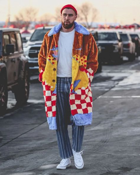 Chiefs Outfit Woman, Kansas City Chiefs Outfit, Chiefs Outfit, Colorful Faux Fur Coat, Denim Attire, Most Expensive Shoes, Louis Vuitton Trainers, Touch Down, Black Balenciaga