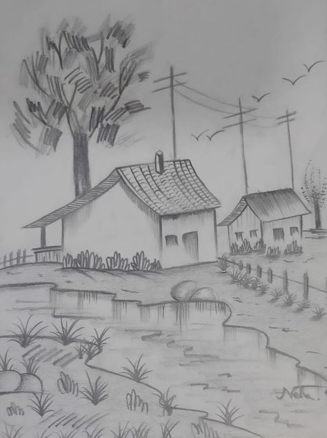 This is my first version of a basic house similar to simple ones in Japan . This mainly consists of forceull strokes and graphite pencil shading. Sketch With Shading, Japanese House Drawing, Basic House, House Sketch, Pencil Shading, House Drawing, Drawing Pencil, Graphite Pencils, Japanese House