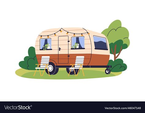 Campervan Illustration, Camper Van Illustration, Van Drawing, Camping Cartoon, Expressions Drawing, Desert Landscape Art, Facial Expressions Drawing, Home On Wheels, Flat Vector Illustration