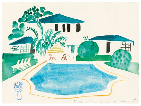 David Hockney, O.M., C.H., R.A. (b. 1937) | Swimming Pool | 20th Century, Drawings & Watercolors | Christie's David Hockney Watercolor, David Hockney Swimming Pool Paintings, David Hockney Illustration, Watercolor Swimming Pool, Hockney Swimming Pool, Swimming Watercolor, Pool Watercolor, Holiday Sketchbook, David Hockney Pool