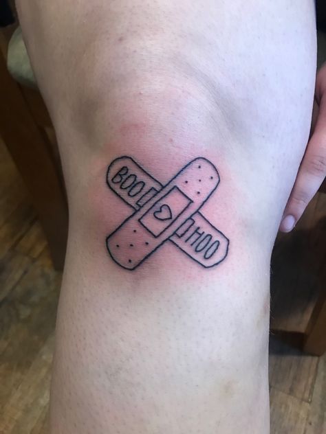 Halsey Knee Tattoo, Bandage Tattoo Design, Love Sick Tattoo, Halsey Inspired Tattoos, Sick Tattoo Ideas, Simple Edgy Tattoos, Simple Tattoos For Beginners, Band Aid Tattoo, Odd Tattoos