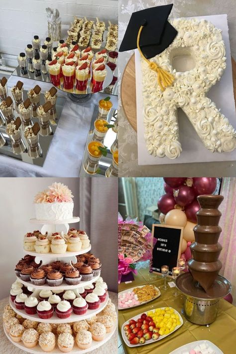 Sweets Table Ideas Graduation, Desert Bar Ideas For Graduation, Graduation Party Sweet Table Ideas, Desert Display Ideas, Dessert Table For Graduation Party, Graduation Dessert Table Ideas Sweets, Dessert Bar Graduation Party, Grad Party Cake Ideas, Grad Dessert Table