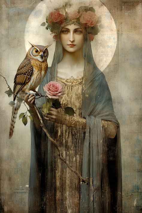 In the creation of this mixed media collage, I sought to capture the essence of Athena, the revered Goddess of Wisdom, through a medium that transcends time and speaks to the soul. This piece, formatted as religious iconography, features Athena with the owl of wisdom perched on her arm, symbolizing her omnipresent insight and the eternal quest for knowledge. Athena, born fully armored from the head of Zeus, embodies the alchemical process of transformation and enlightenment. Alchemy, often symbolized by the philosopher's stone, represents the journey from base matter to spiritual gold. Athena's birth from Zeus's mind signifies the triumph of intellect and strategy over chaos, an alchemical allegory of turning leaden ignorance into golden wisdom. Her presence calls upon us to engage in our Spiritual Art Goddesses, Goddesses Mythology, Alchemical Process, 2023 Prints, Time Goddess, Autumn Goddess, Artemis Greek Goddess, The Creative Act, Goddess Images