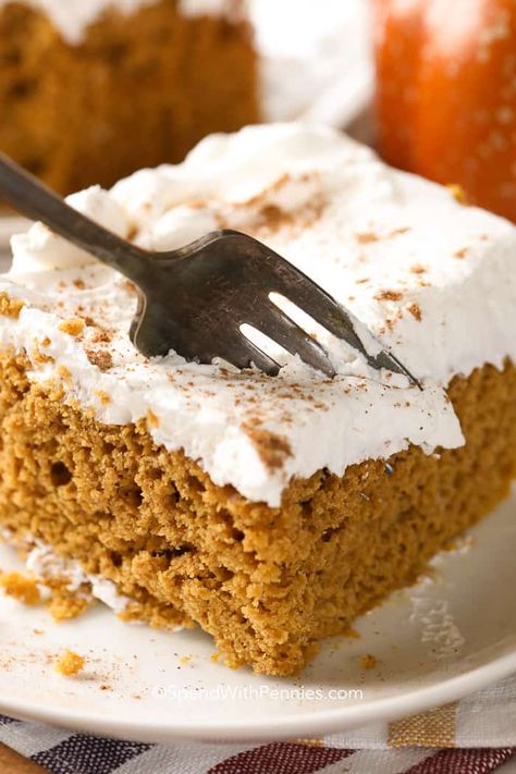 This easy pumpkin dump cake is so quick, you'll have it prepped before your even is even preheated! The whole thing takes about 5 minutes to prep and the result is the most crazy moist pumpkin cake ever! #spendwithpennies #easyrecipe #simplerecipe #dumpcake #withpumpkin #fallrecipe #cakerecipe #pumpkinrecipe #cakemix Pumpkin Cake Recipes Easy, Easy Pumpkin Dump Cake, Pumpkin Cake Easy, Pumpkin Dump Cake Recipe, Pumpkin Dump, Pumpkin Sheet Cake, Dump Cake Recipe, Dump Cake Pumpkin, Pumpkin Recipes Easy