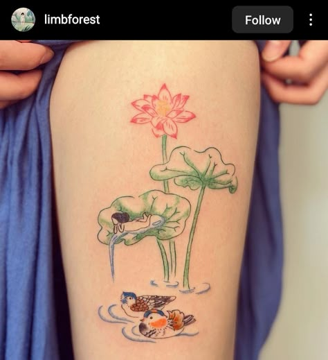 Pond Tattoo, Mandarin Ducks, Armband Tattoos, Future Tattoo Ideas, Mandarin Duck, Lotus Pond, Style Tattoo, Lily Pond, Color Pencil Drawing