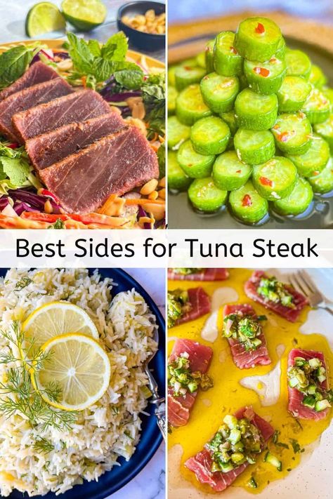 Check out my handy guide to the Best Side Dishes for Tuna Steak! From roasted veggies to fresh salads, rice and potatoes, these easy and flavorful sides pair perfectly with baked, grilled, seared or raw tuna steak recipes. Elevate your tuna dinners with these delicious side dish ideas! Tuna Steak Bowl Recipes, Tuna Dishes Dinners, Tuna Steak Sides Dishes, Recipes With Tuna Steaks, Side Dishes For Tuna Steak, Tuna Steak Sides, Rice And Tuna Recipes, Seared Tuna Steak Recipes, Tuna Steak Side Dishes