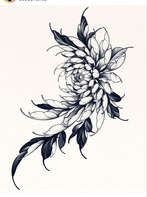 Peony Kneecap Tattoo, Blackwork Chrysanthemum Tattoo, Dark Femme Tattoo Ideas, Dark Flower Tattoo Design, Chrysanthemum Tattoo Men, Womens Upper Back Tattoos, Chrysanthemum Flower Tattoo Design, Smokey Flower Tattoo, Gothic Flower Drawing