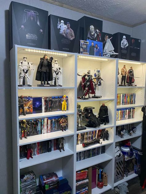 Shelving For Collectibles, Nerdy Shelf Decor, Collectible Shelf Display, Starwars Bookshelf, Star Wars Bookshelf, Nerd Bookshelf, Movie Collection Display, Collectible Display Ideas, Action Figure Display Ideas