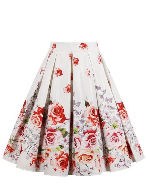 Florals Box Pleated Skirt | SHEIN Knee Length Skirts Casual, Floral Pleated Skirt, Box Pleat Skirt, Retro Skirt, Midi Flare Skirt, Fit And Flare Skirt, Printed Pleated Skirt, Vintage Skirts, Party Skirt