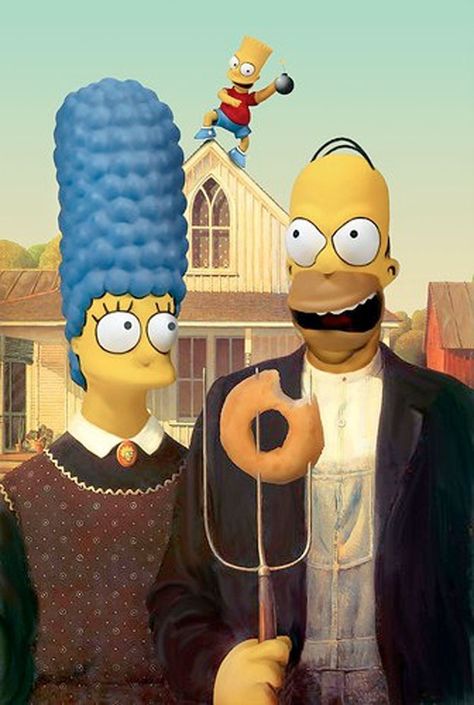 Simpsonian Gothic | 36 Pop Cultural Reinventions Of The American Gothic Painting American Gothic House, American Gothic Painting, American Gothic Parody, Grant Wood American Gothic, Front Of A House, Homer And Marge, Gothic Pictures, Famous Portraits, Grant Wood