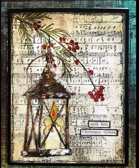 Tim Holtz Candlelight Cards, Handmade Collage Card Ideas, Christmas Cards With Lanterns, Vintage Handmade Christmas Cards, Lantern Christmas Cards, Christmas Artist Trading Cards, Tim Holtz Cards Ideas, Lantern Cards, Rustic Christmas Cards