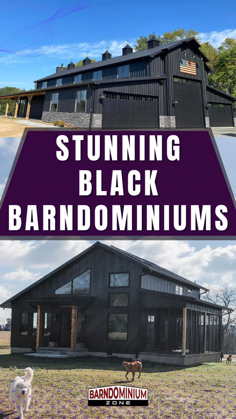 Black Barndominiums All Black Barndominium, Barniminium Homes Black, Black Pole Barn House, Black Barndominium With Rock, Metal Building Houses, Black Pole Barns, Barndominium Dark Exterior, Simple Pole Barn Homes Contemporary, Black Barndominium Exterior