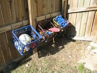 Outdoor toy storage to keep yard picked up. Water and dirt fall right through the holes. I need to do this ASAP! Milk Crate Storage, Outdoor Toy Storage, Outdoor Organization, Outdoor Play Spaces, Diy Toy Storage, Toy Storage Solutions, Milk Crates, Kid Toy Storage, Backyard Play