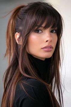 Long Hair And Fringe Bangs, Dark Hair With Fringe Bangs, Bangs In 40s, Bangs 2024 Hairstyles, Long Straight Hair With Layers And Bangs, Face Framing Bangs Straight Hair, Bangs With Framing Pieces, Franje Pony, Long Hairstyle Women