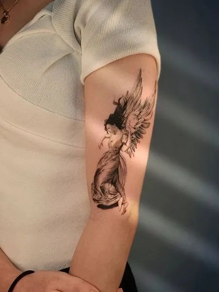 Rate This female sleeve tattoo black women ideas From ⭐1~10. SAVE & FOLLOW i will update everyweek. Fallen Angel Tattoo For Women, Angel Tattoo On Arm, Guardian Angel Tattoo For Women, Sleeve Tattoo Black Women, Female Angel Tattoo, Female Sleeve Tattoo Black Women, Small Tattoos Minimalist, Angel Tattoo Meaning, Angel Tattoo Arm