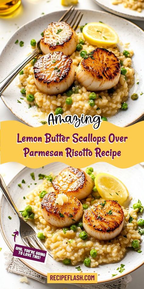 Craving a gourmet seafood dinner at home? This Lemon Butter Scallops paired with creamy Parmesan Risotto delivers restaurant-quality flavors right to your kitchen. Treat yourself and your loved ones to a delightful dining experience! Save this recipe to your Seafood Dinner Ideas for easy access later! Seafood Risotto Recipes, Scallops Dinner Ideas, Scallops Dinner, Scallop Risotto, Lemon Butter Scallops, Seafood Dinner Ideas, Butter Scallops, Gourmet Seafood, Night In With Friends