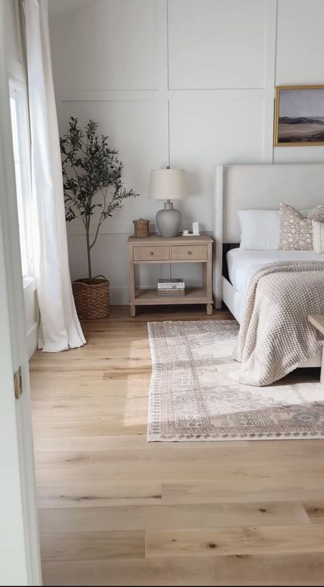 Bedroom Inspo With Wooden Floor, Rug On Light Wood Floor Master Bedrooms, Calm Airy Bedroom, Master Bedrooms Wooden Floor, Light Oak Floor Bedroom, Neutral Bedroom Flooring, Light Wooden Floor Bedroom Ideas, Wood Floor White Walls Bedroom, Light And Airy Master Bed