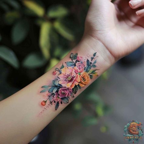 Wrist Tattoo Designs For Women, Wrist Tattoo Cover Up, Wrist Tattoo Designs, Cool Wrist Tattoos, Flower Wrist Tattoos, Beautiful Flower Tattoos, Fire Tattoo, Detailed Tattoo, Wrist Tattoos For Women