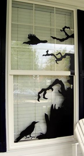 I do this with black construction paper and an exacto knife. Tape paper together for big things like a witch, coffin, mummy, tree etc. Sooo many possibilities! Diy Halloween Window Decorations, Library Windows, Halloween Window Decor, Diy Halloween Window, Halloween Windows, Window Halloween, Halloween Window Display, Halloween Cut Outs, Halloween Window Decorations