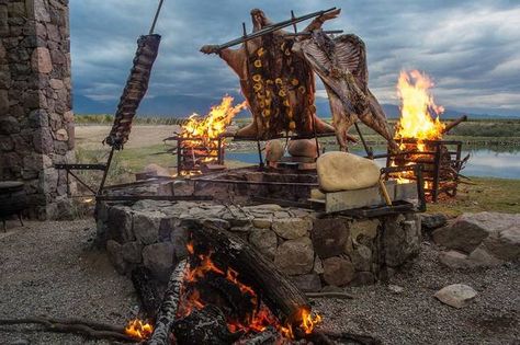 Outdoor grilling: Francis Mallmann’s setup at his Siete Fuegos restaurant in Argentina. Francis Mallman, Outdoor Cooking Fireplace, Asado Grill, Pizza Oven Outdoor Kitchen, Cooking Over Fire, Open Fire Cooking, Drink Recipe Book, Opening A Restaurant, Fire Food