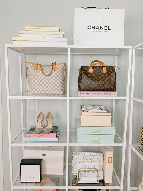 MINI OFFICE TOUR: REORGANIZED IKEA SHELF STORAGE | Strawberry Chic Youtube Filming Room, Filming Room, Handbag Display, Ikea Shelves, Handbag Storage, Chic Chic, Bag Display, Makeup Rooms, Makeup Room