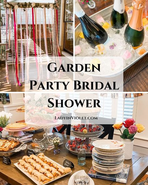 garden party bridal shower theme | shower decorations | Lady in Violet Blog Brunch Themed Bridal Shower Ideas Food, Backyard Garden Bridal Shower Ideas, Bridal Shower Ideas Garden Party, Garden Wedding Shower Theme, Wedding Shower Garden Party, Garden Party Bridal Shower Food, Garden Theme Bridal Shower Ideas Centerpieces, Brunch Wedding Shower Ideas Decor, Garden Shower Theme