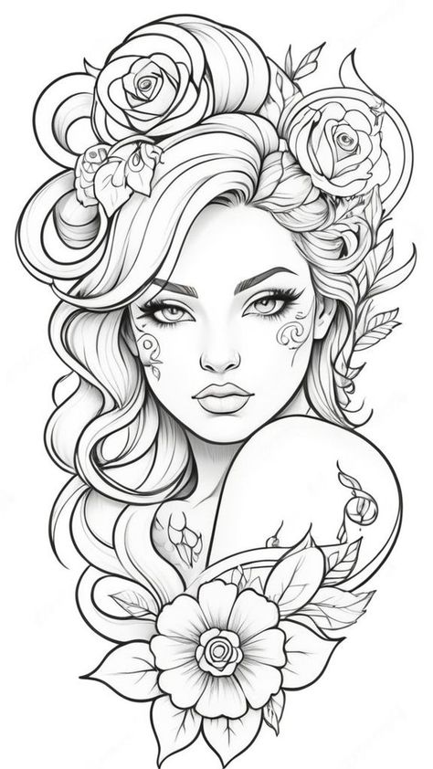 Coloring Book Art Beautiful, Traceable Drawings Free Printable, Tattoo Coloring Pages For Adults, Traceable Drawings, Tattoo Coloring Pages, Face Coloring Pages, Tattoo Portrait, Tattoo Coloring Book, Adult Coloring Books Printables