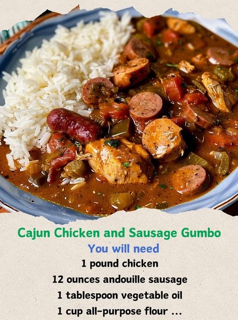 Chicken Sausage Gumbo Recipe, Sausage And Chicken Gumbo, Spicy Cajun Chicken, Cajun Chicken And Sausage, Sausage Gumbo Recipe, Gumbo Ingredients, Andouille Sausage Gumbo, Cajun Recipes Authentic, Gumbo Recipe Easy