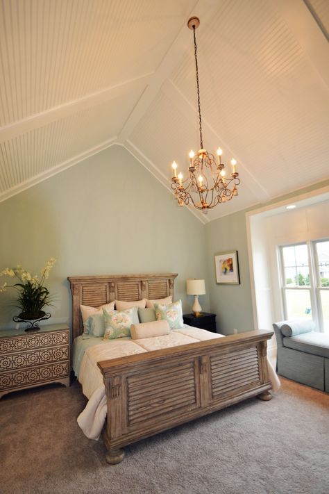 Seaside Master Bedroom with vaulted ceiling with low profile coffer and bead board Vaulted Bedroom, Cool Lights For Bedroom, Vaulted Ceiling Decor, Childrens Bedroom Lighting, Vaulted Ceiling Bedroom, Vaulted Ceiling Ideas, Vaulted Ceiling Lighting, Forest Bedroom, Board Ceiling