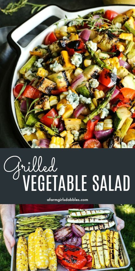 Best Grilled Vegetables, Grilled Vegetable Salad, Blue Cheese Crumbles, Grilled Vegetable Salads, Salad Summer, Vegetable Salad Recipes, Summer Vegetables, Salad Healthy, Lemon Vinaigrette