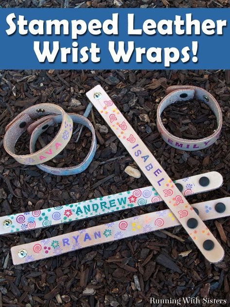 Spell out your name on a cool leather wrist wrap just like at camp! You don't need embossing stamps. Use rubber stamps instead! Diy Leather Stamp, Cowboy Crafts, Name Bracelets, Summer Camp Crafts, Hobbies For Kids, Stamped Leather, Vbs Crafts, Kid Craft, Leather Stamps