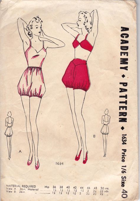 1940s Academy plus-size undies sewing pattern --- what about doing a pointed yoke like this on leggings? Bloomers Sewing Pattern, Lingerie Sewing Pattern, Lady Aesthetic, Sewing Alterations, Fashion Illustration Vintage, Sewing Lingerie, Cottagecore Fashion, Wardrobe Planning, Plus Sized