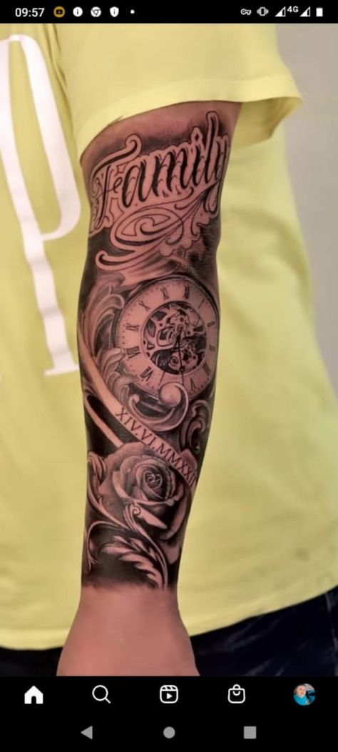 Family Clock Tattoos For Men, Clock With Name Tattoo, Men Tattoos Arm Sleeve Family, Compass Family Tattoo Ideas, Sleave Tats Men, Full Hand Tattoo Men Design, Mens Tattoos Ideas Forearm Unique, Family Tattoo Men, Mens Arm Sleeve Tattoos Ideas Unique