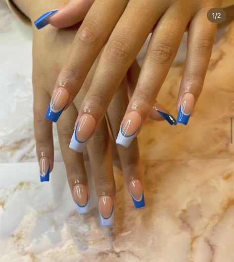 White French Tip With Blue Line, Blue French Nails Tips, Nail Inspo Vacation, Blue Acrylic Nails, Happy Nails, Summery Nails, Girly Acrylic Nails, French Tip Acrylic Nails, Simple Acrylic Nails