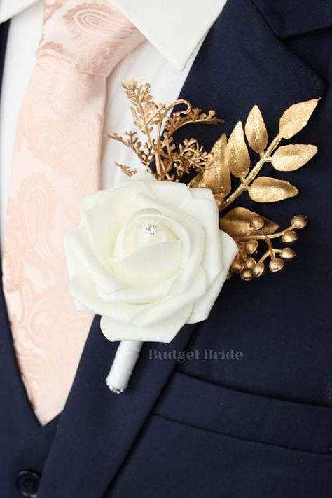 White And Gold Wedding Themes, Gold Wedding Bouquets, Gold Wedding Flowers, Prom Corsage And Boutonniere, Gold Bouquet, Gold Foliage, Artificial Wedding Flowers, Red Bouquet Wedding, Gold Wedding Theme